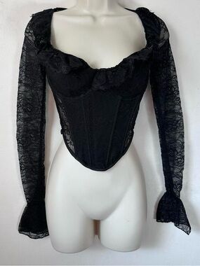 Black Lace Corset Top with Long Sheer Sleeves
